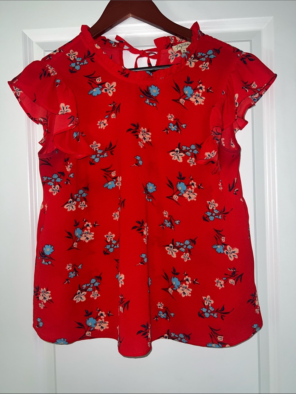 Lily White Red Floral Ruffle Sleeve Blouse
